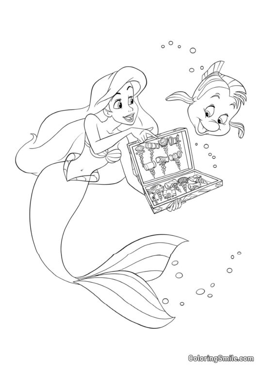 Ariel Mostra a Flounder i Suoi Tesori - Pagina da Colorare