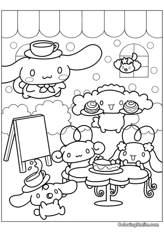 Cinnamoroll in un Caffè - Pagina da Colorare