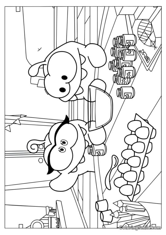 Om Nom e Om Nelle che Dipingono Uova di Pasqua Om Nom e Om Nelle che Dipingono Uova di Pasqua - Pagina da Colorare