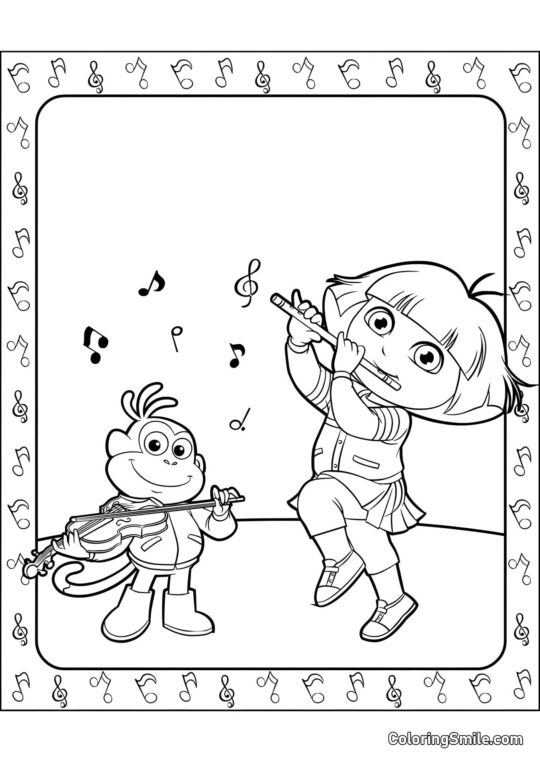 Dora con un flauto, Boots con un violino Dora con un flauto, Boots con un violino - Pagina da Colorare