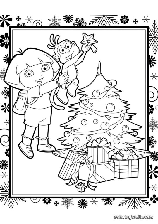 Dora e Boots decorano l’albero di Natale Dora e Boots decorano l’albero di Natale - Pagina da Colorare