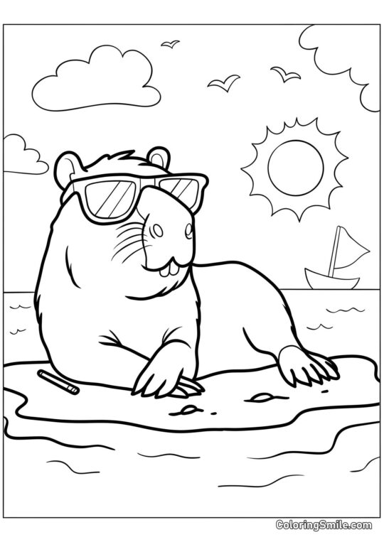 Capibara che prende il sole in spiaggia - Pagina da Colorare