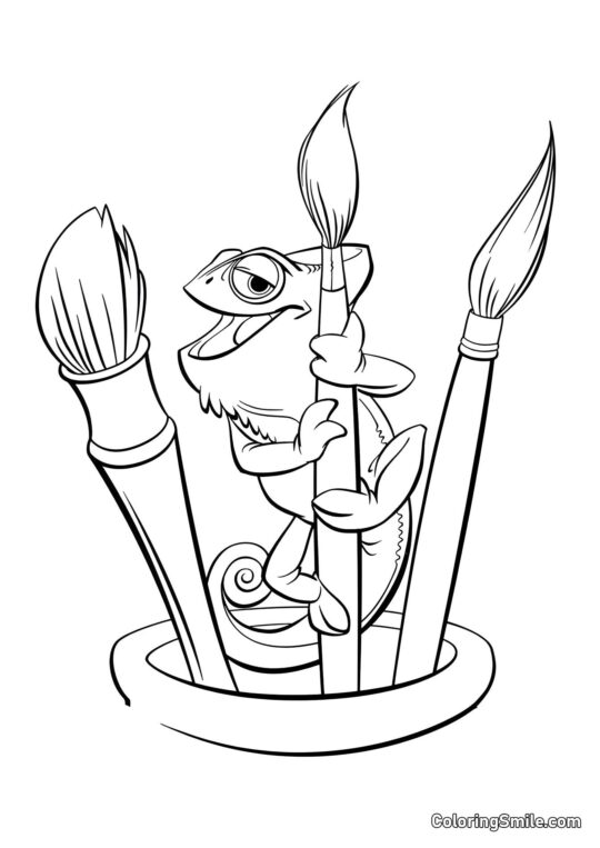 Cameleon Pascal e pennelli ad acquerello Cameleon Pascal e pennelli ad acquerello - Pagina da Colorare