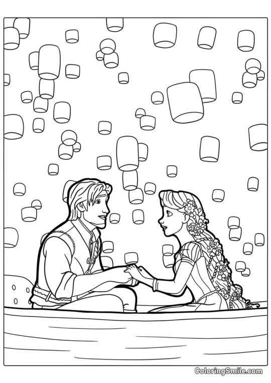 Eugene, Rapunzel e lanterne Eugene, Rapunzel e lanterne - Pagina da Colorare