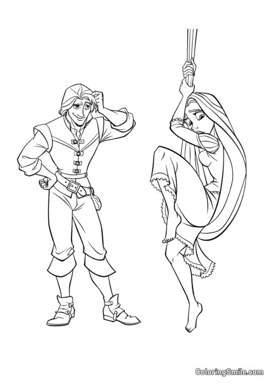 Rapunzel che scende con i capelli con Flynn Rapunzel che scende con i capelli con Flynn - Pagina da Colorare