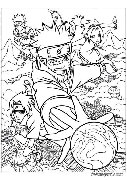 Naruto, Sasuke, Sakura e Kakashi in Battaglia - Pagina da Colorare