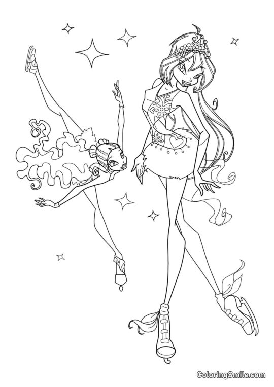 Layla e Bloom sui Pattini - Pagina da Colorare