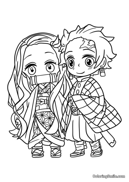Chibi Tanjiro e Nezuko - Pagina da Colorare