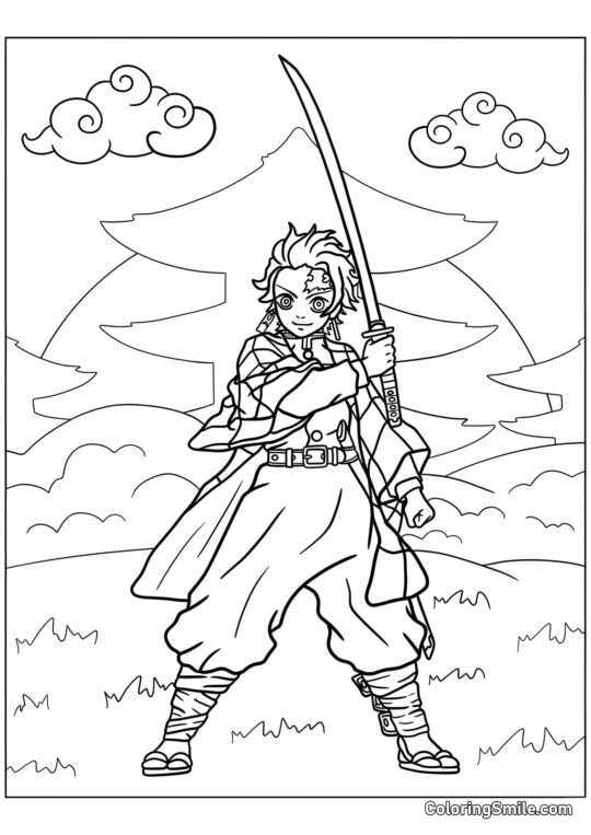 Tanjiro Kamado sorridente - Pagina da Colorare