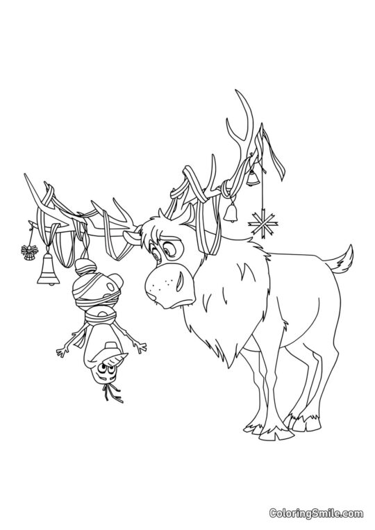 Olaf appeso alle corna di Sven - Pagina da Colorare