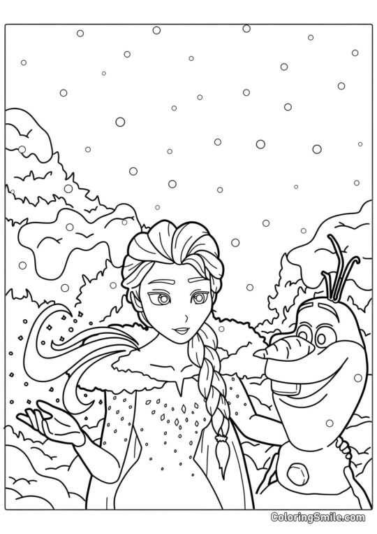 Principessa Elsa e il pupazzo di neve - Pagina da Colorare